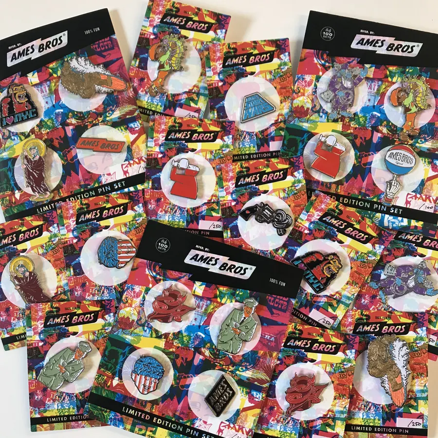 Ames Bros limited-edition enamel pins on printed backer cards