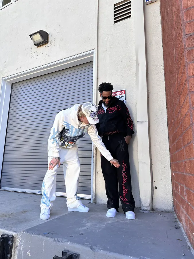 Ed Hardy x mgk lookbook: two looks at a loading dock