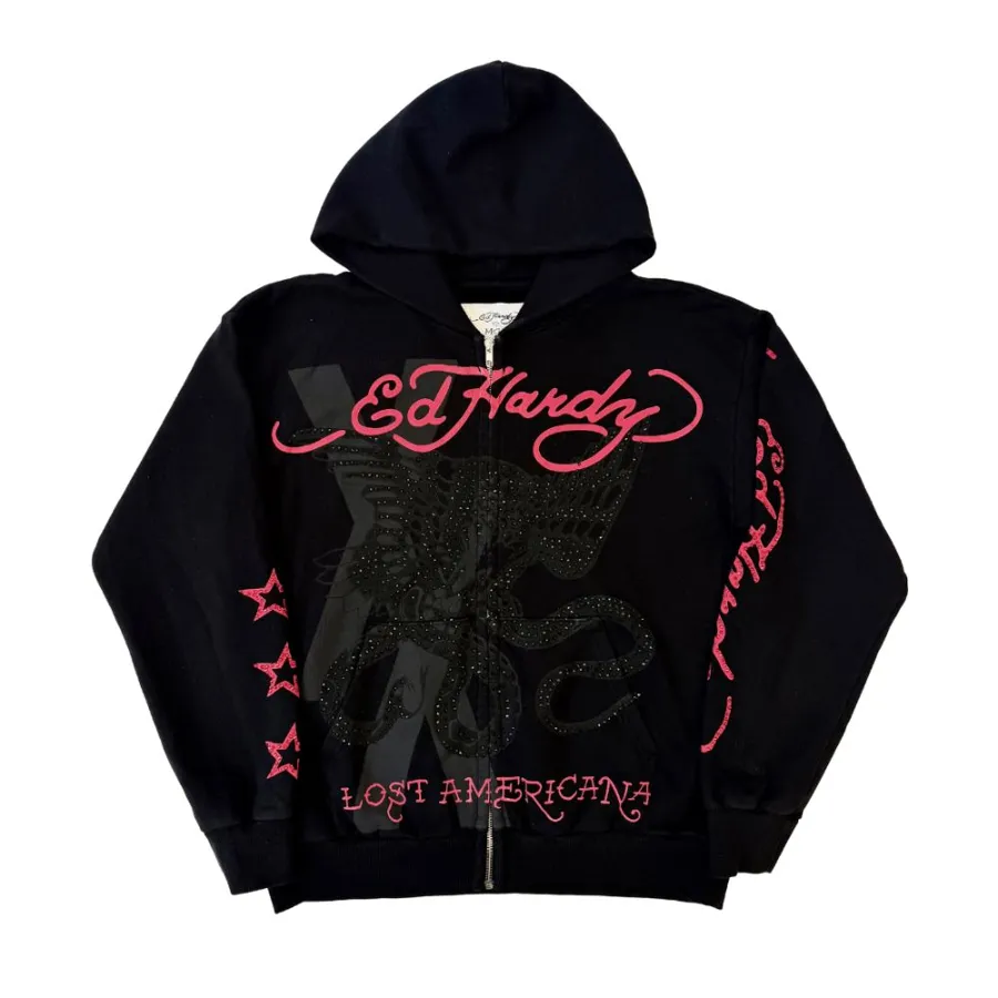 Ed Hardy × mgk flames rhinestone zip hoodie