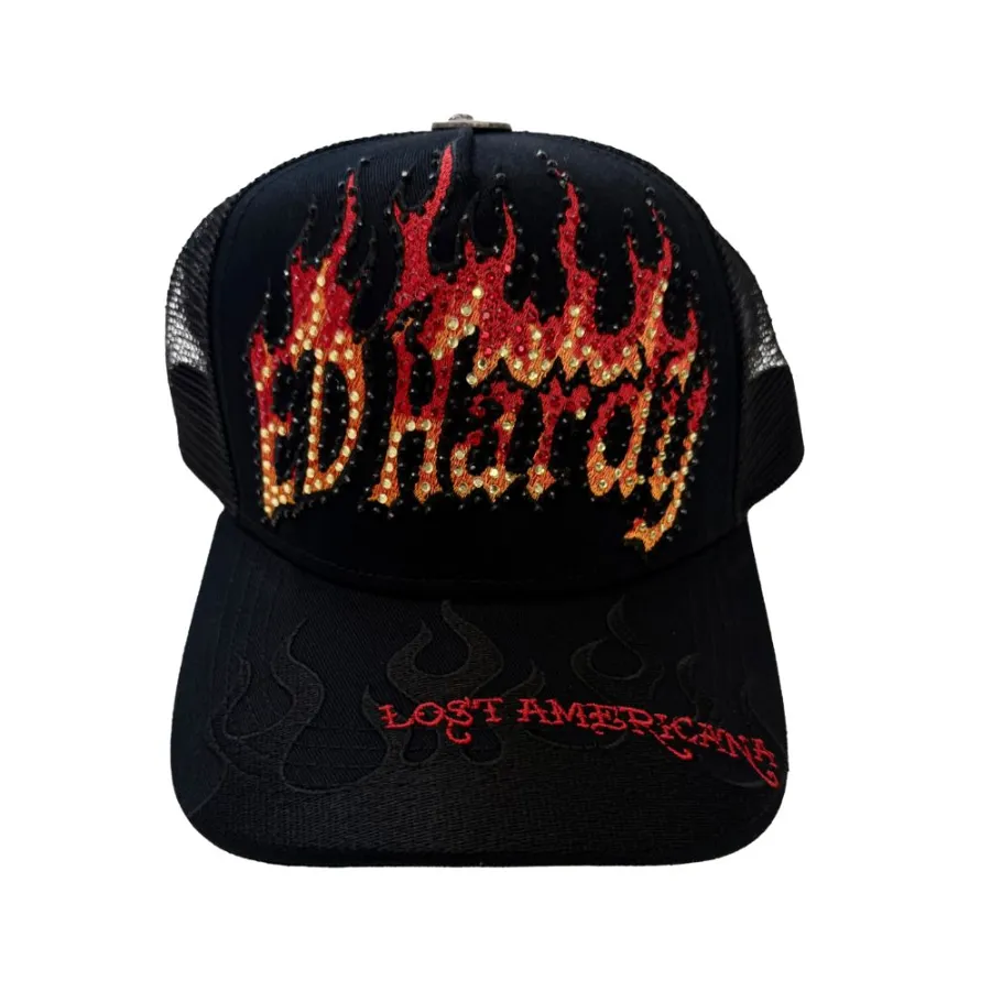 Ed Hardy × mgk flame logo rhinestone trucker hat