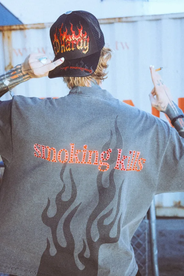 Ed Hardy x mgk Smoking Kills back print. Photo by Sam Cahill
