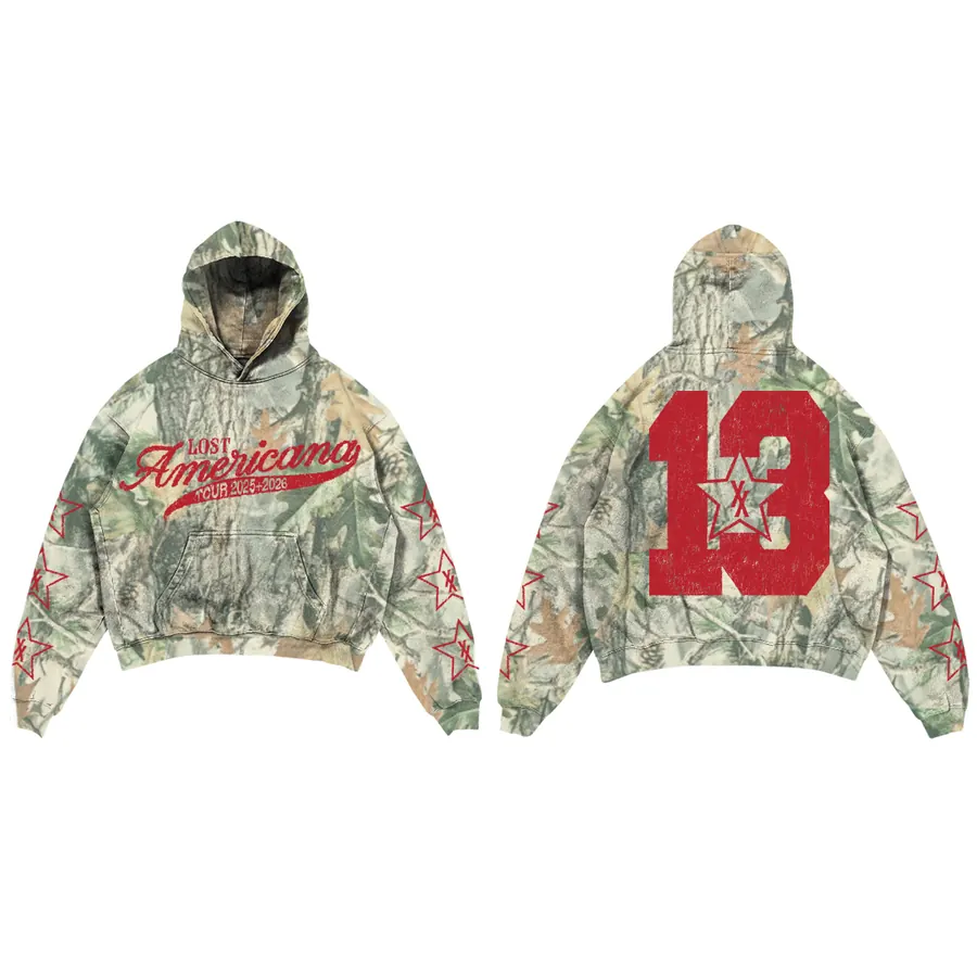 Lost Americana tour camo hoodie, front and back