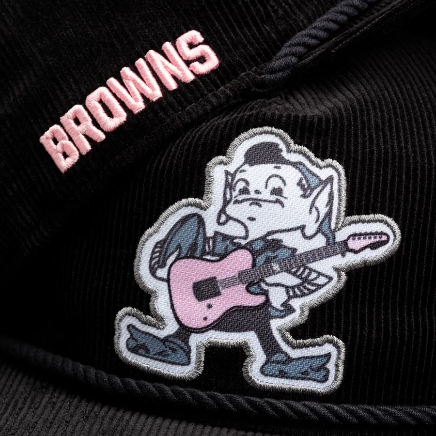 Browns elf patch with guitar on black corduroy, mgk x Cleveland Browns