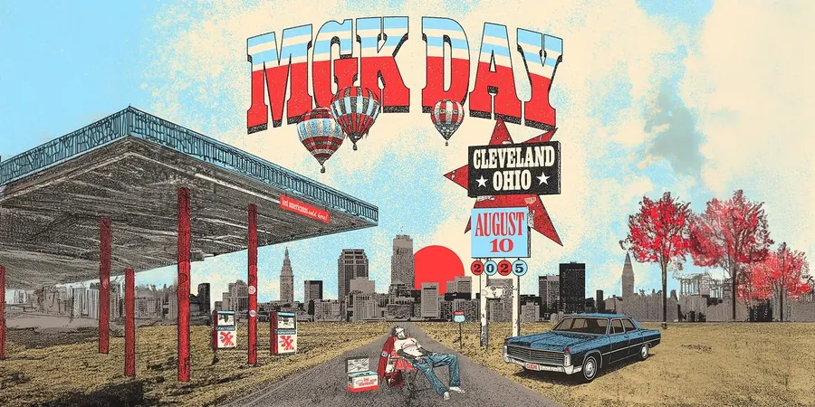 MGK Day Cleveland artwork: a roadside gas station in front of the skyline