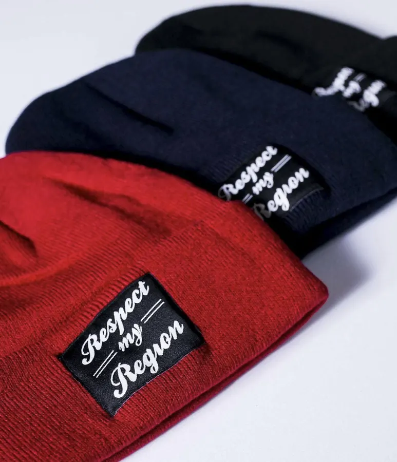 Respect My Region beanies with woven labels